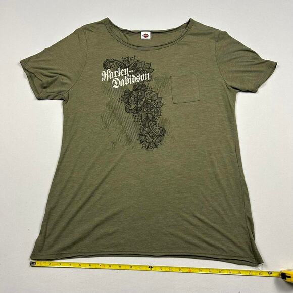 Y2K Harley Davidson Olive Geeen Short Sleeve Pocket Tee - Picture 7 of 7